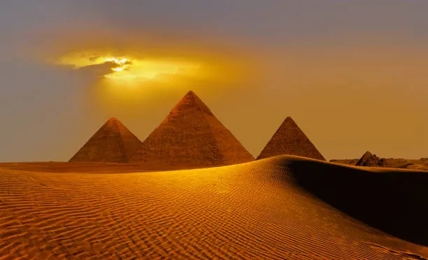eye of the god ra giza pyramid complex at amazing sunset cairo egypt